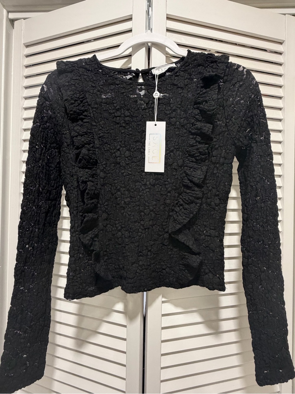 Sage Black Lace Ruffle Detail Long-Sleeve Top